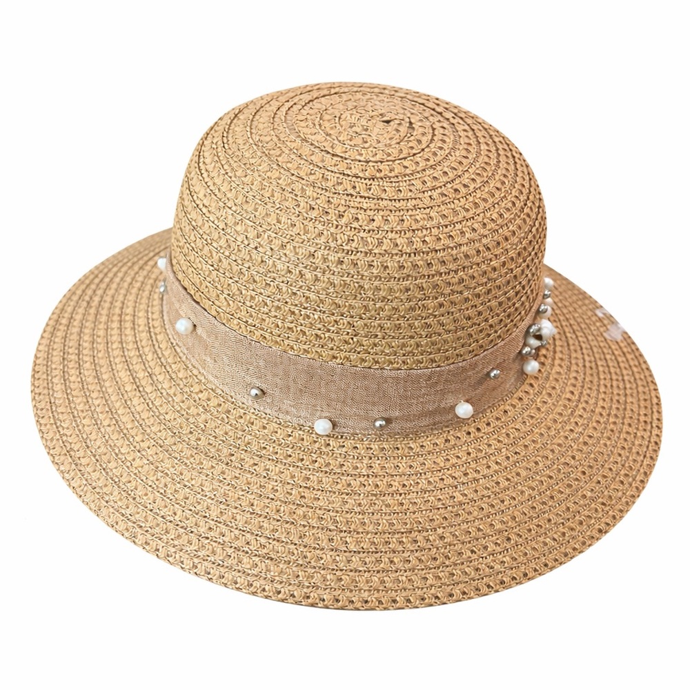 Women’s Straw Sun Hat with Pearl Trim - Natural